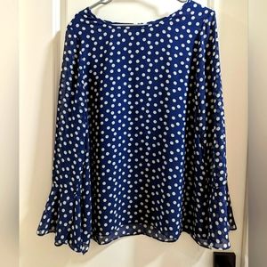 Lark & Ro - L Large  Blouse - Blue Polka Dot Bell Sleeve